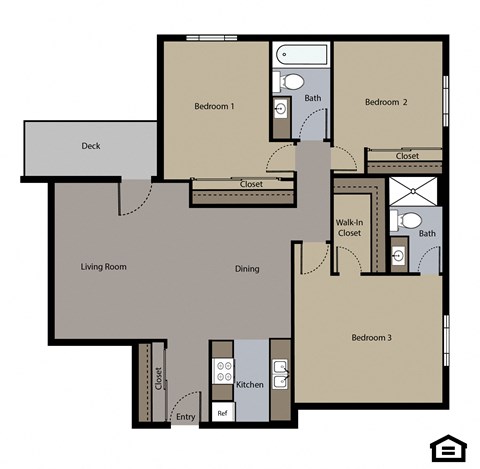 Floor plan for 3 beds, 2 baths, 1148 sqft